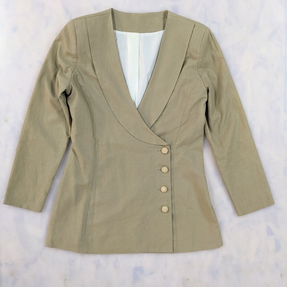 Vintage 90s Linen 2-Pc Pant Suit Set Sz 12 Khaki Wide Leg Shawl Collar Blazer - Picture 6 of 16